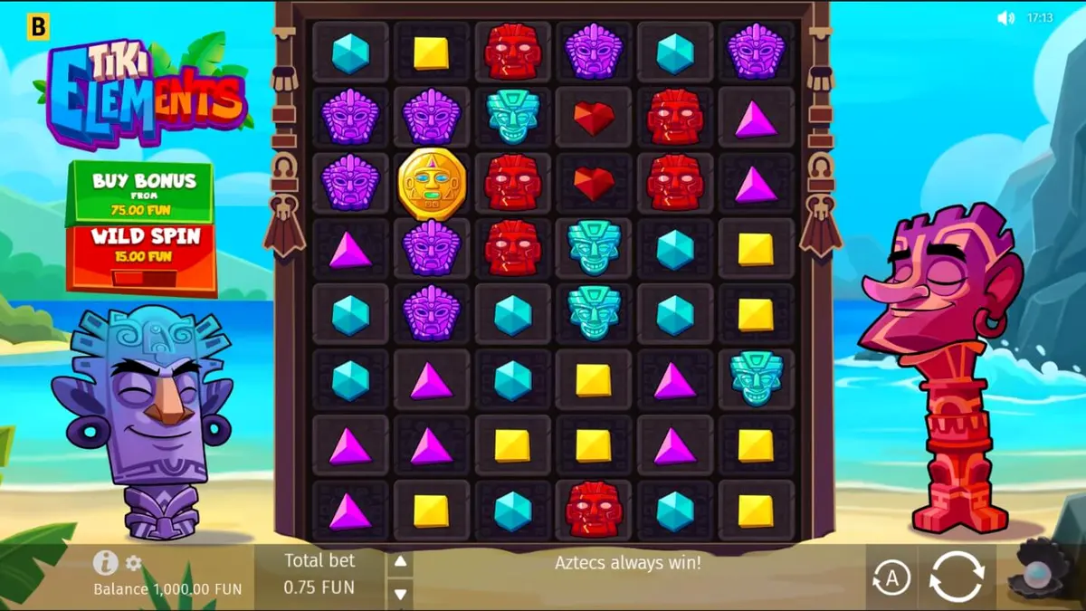 Tampilan visual slot Tiki Elements dengan latar belakang pulau tropis dan simbol topeng Tiki