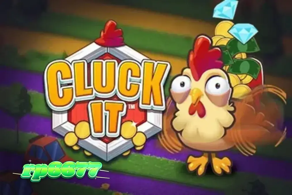 Tampilan antarmuka game Cluck It di layar ponsel pintar dengan latar belakang pedesaan yang cerah.